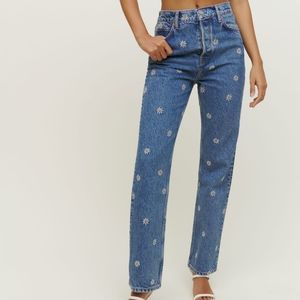 Reformation Cynthia Baltic Wash Embroidered Daisy Jean High Waist Denim 28 LY441